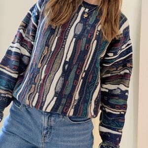 Vintage 90's 3D Coogi Style Abstract Textured Chunky Crewneck Sweater In Blue